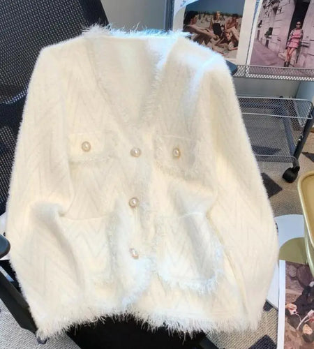 Korean White Imitation Mink Knitted Tops Women Spring Autumn Soft Cardigan Pink Sweater Casual Green Tassel Design Stripe Coat