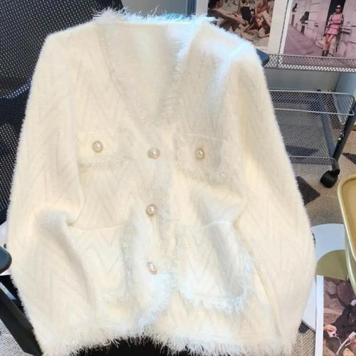 Load image into Gallery viewer, Korean White Imitation Mink Knitted Tops Women Spring Autumn Soft Cardigan Pink Sweater Casual Green Tassel Design Stripe Coat
