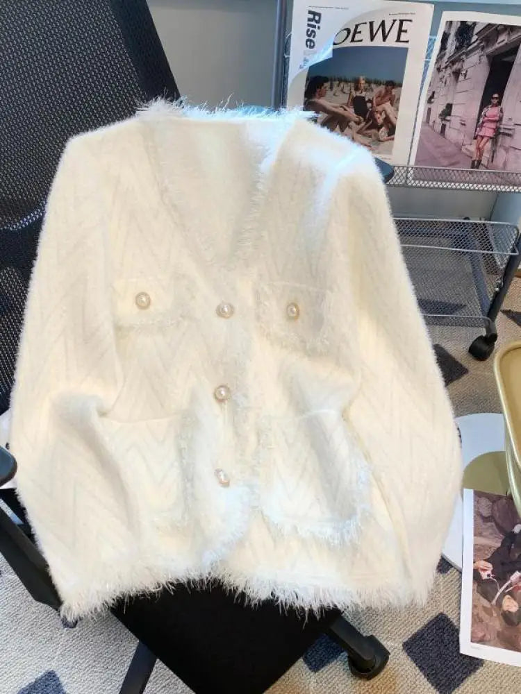 Korean White Imitation Mink Knitted Tops Women Spring Autumn Soft Cardigan Pink Sweater Casual Green Tassel Design Stripe Coat