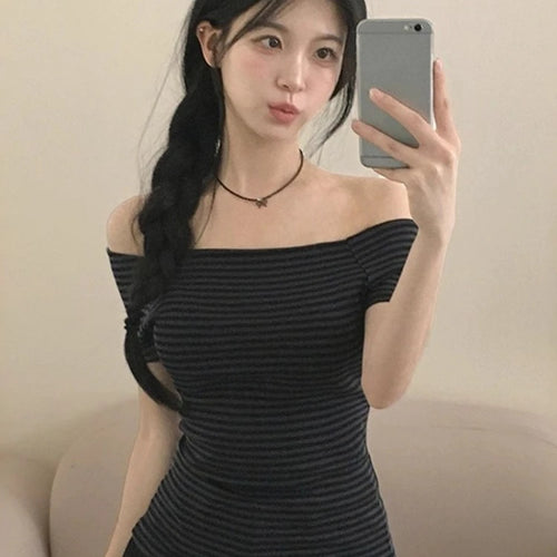 Load image into Gallery viewer, Y2k Aesthetics Stripes Slash Neck Tops Women Harajuku Casual Streetwear T-shirt Vintage Bodycon Simple Tshirts Grunge E-girls
