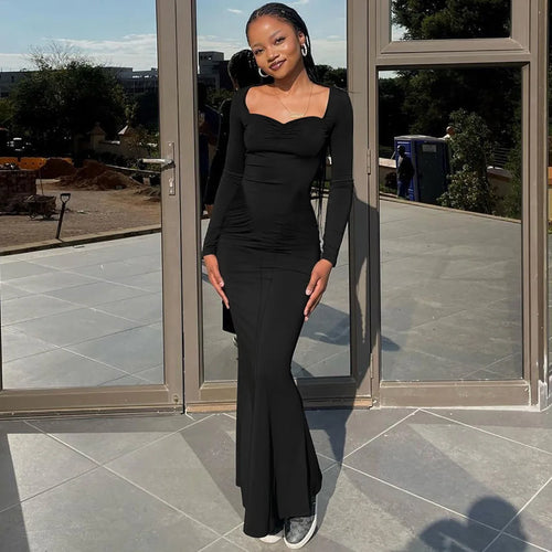 Load image into Gallery viewer, Square Collar Long Sleeve Sexy Long Dress For Women Gown Fashion Elegant Autumn Solid Bodycon Maxi Dress Clubwear

