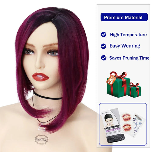 Load image into Gallery viewer, Synthetic Burgundy Wig for Woman Short Bob Wig Haircut Soft Straight Hairstyle Purple Red Ombre Wigs Natural Looking
