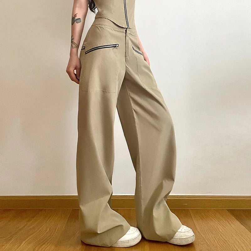 Streetwear Zipper Straight Leg Female Trousers Solid Harajuku Retro Solid Baggy Suit Pants Low Waist Sweatpants