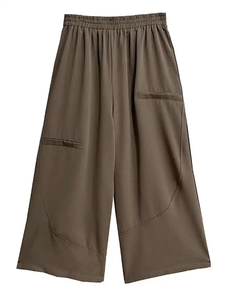 High Elastic Waist Brown Brief Spliced Long Wide Leg Pants New Trousers Women Fashion Tide Spring Autumn 2025  1DH5698