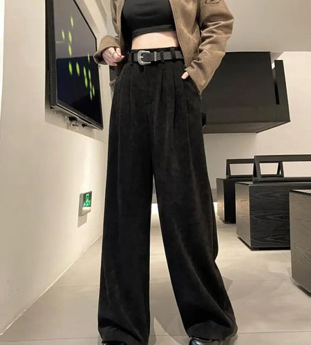Autumn Winter Loose Red Velvet Wide Leg Long Pants Women Black High Waist Casual Khaki Baggy Straight Pleated Trousers Clothes
