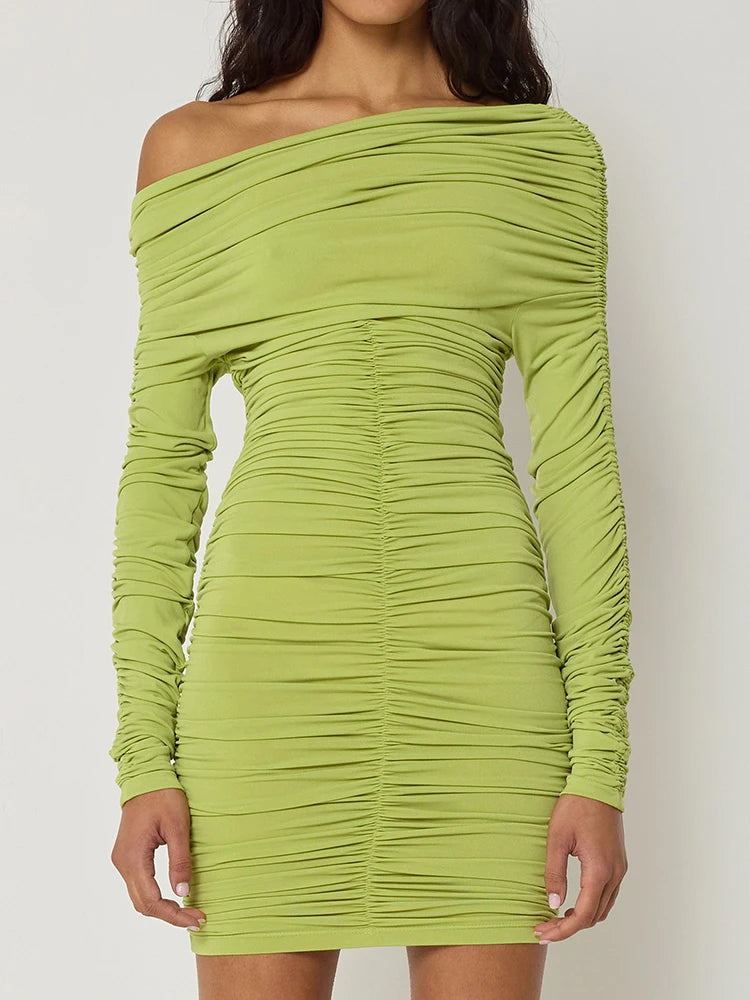 Inclined Shoulder Long Sleeve Sexy Mini Dress For Women Autumn New Fashion Backless Ruched Bodycon Party Sexy Dress