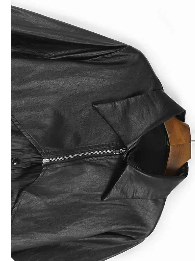 Women Black Pu Leather Pleated Big Size Mini Shirt Dress New Lapel Long Sleeve Fashion Tide Spring Autumn 2025 1DH7337