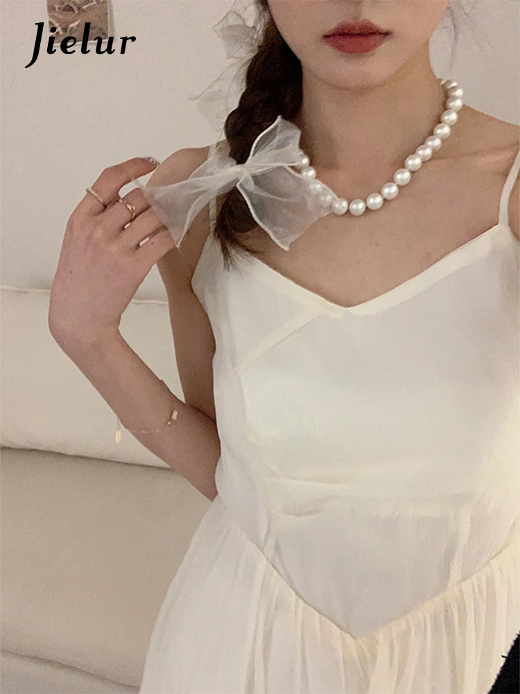 French Style White Strapless Women's Dresses Summer Slim Waist Sleeveless V-neck Elegant Fashion Female Dress Office Lady