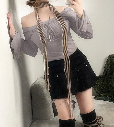 Korean Fashion Autumn T-shirts for Women Folds Flare Sleeve Cropped Top Solid Japanese Y2K Tee Shirts Sweats Clothing