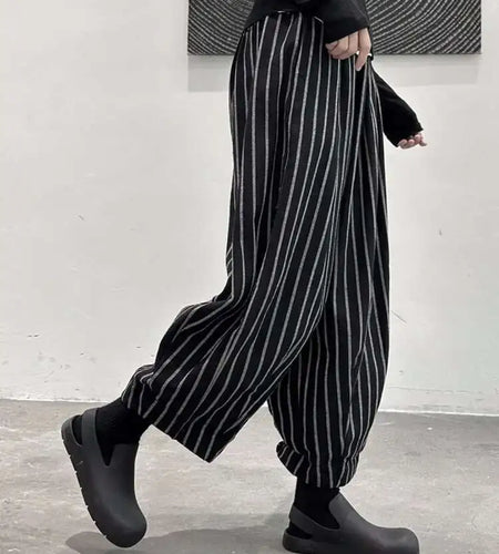 High Waist Casual Black Striped Casual Wide Leg Pants New Loose Fit Trousers Women Fashion Spring Summer 2025 1DF3686
