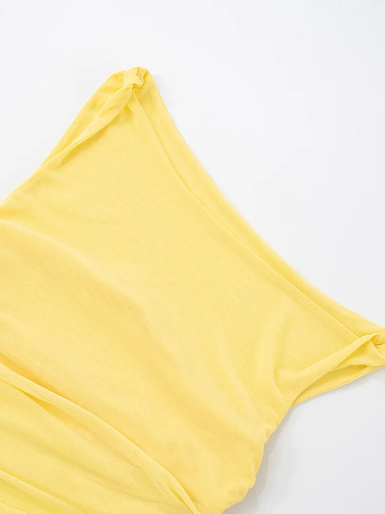 Diagonal Collar Backless Sexy Maxi Dress Women Gown Summer New Sleeveless Sheer Mesh Hollow Out Elegant Long Dress