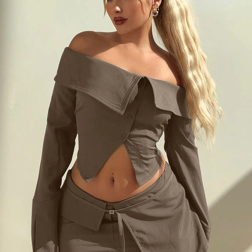 Load image into Gallery viewer, Fashion 2 Pcs Sets Slash Neck Long Sleeve Buttons Sexy Crop Top Belt Skirt Women Casual Y2K Outfits Streetwear Festival
