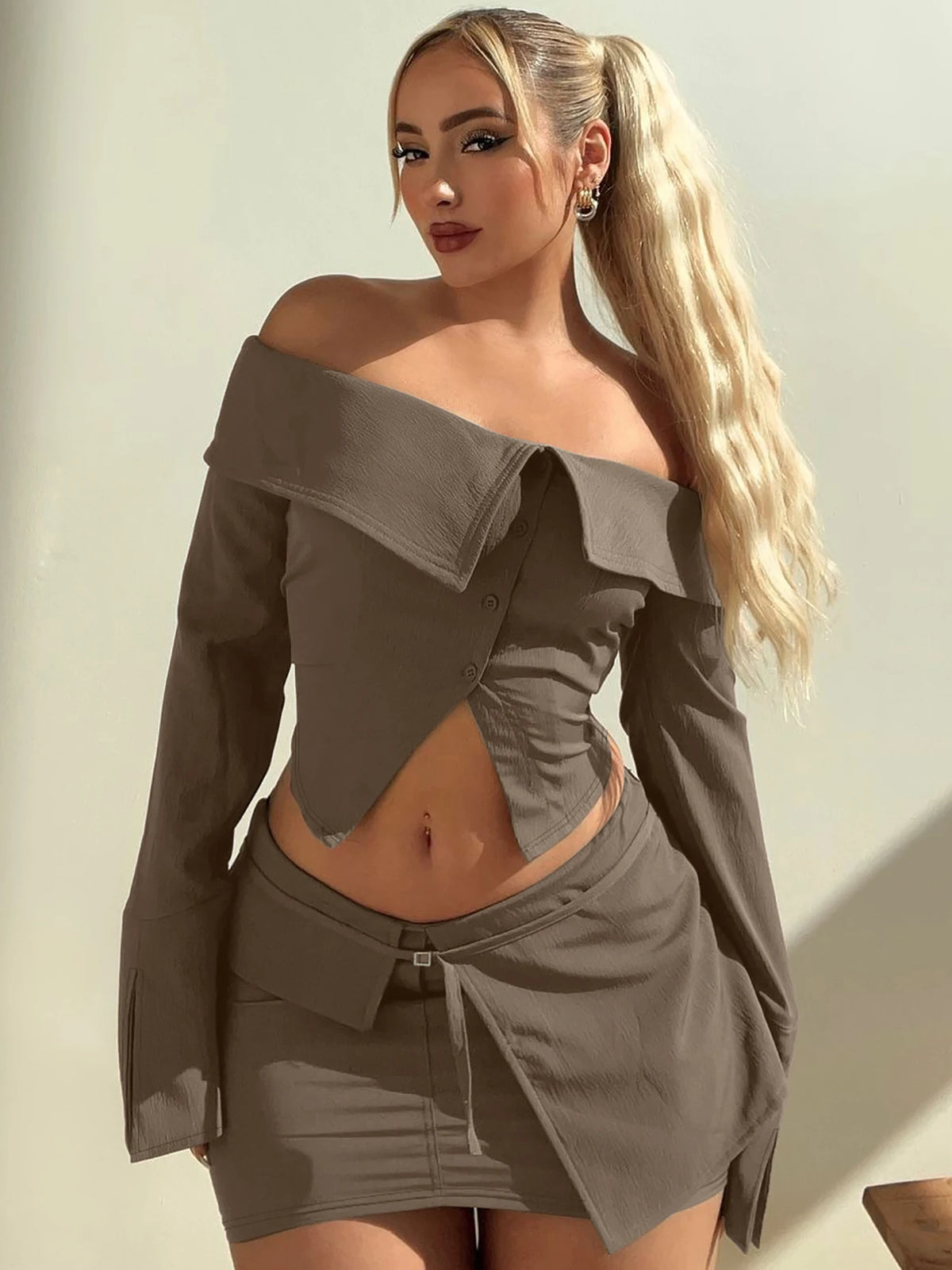 Fashion 2 Pcs Sets Slash Neck Long Sleeve Buttons Sexy Crop Top Belt Skirt Women Casual Y2K Outfits Streetwear Festival