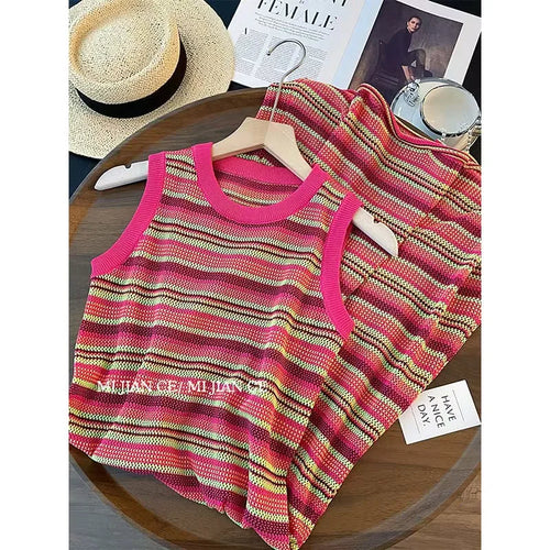 Load image into Gallery viewer, Korean Fashion Summer Pink Striped Patchwork Elegant Round Neck Slim Vest Long Dresses For Women Sleeveless Sexy Chic Dress 2025
