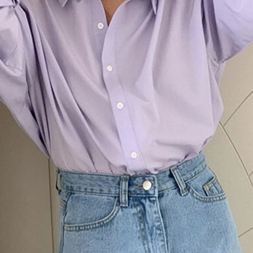 Load image into Gallery viewer, Spring Purple Women Shirt Korean Style Solid Color Drop Sleeves Loose Chic Fashion Female Shirts Simple Casual Shirts
