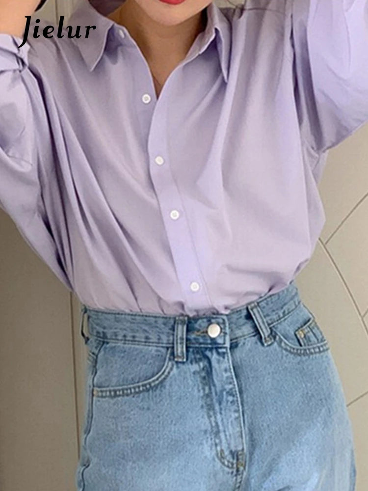 Spring Purple Women Shirt Korean Style Solid Color Drop Sleeves Loose Chic Fashion Female Shirts Simple Casual Shirts