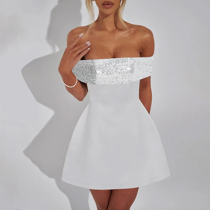 Off-shoulder Sequins Strapless Sexy Mini Dress Women Fashion Sleeveless Backless Sparkle High Waist Club Sexy Dress