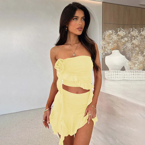 Load image into Gallery viewer, Sexy Women Dress Sets Rose Strapless Crop Tops And Mini Skirt Sets Female Elegant Ruffled Club Party Two Piece Sets

