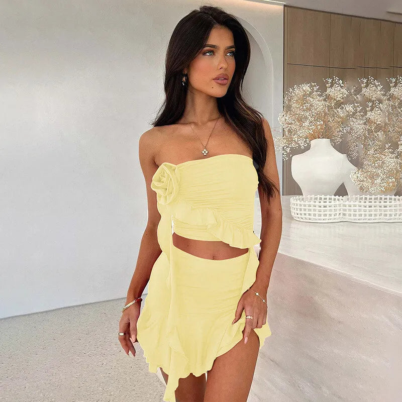 Sexy Women Dress Sets Rose Strapless Crop Tops And Mini Skirt Sets Female Elegant Ruffled Club Party Two Piece Sets