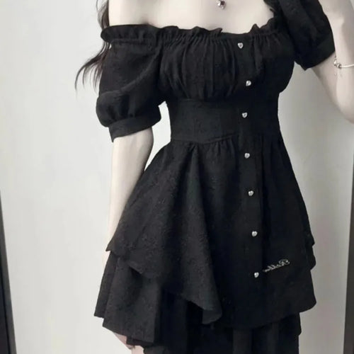 Load image into Gallery viewer, Black Mini Dress Gothic Goth Puff Sleeve Korean Fashion Square Collar Design Party Short Dresses Summer Sundress
