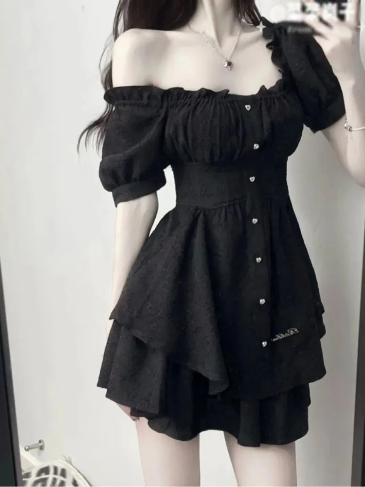 Black Mini Dress Gothic Goth Puff Sleeve Korean Fashion Square Collar Design Party Short Dresses Summer Sundress