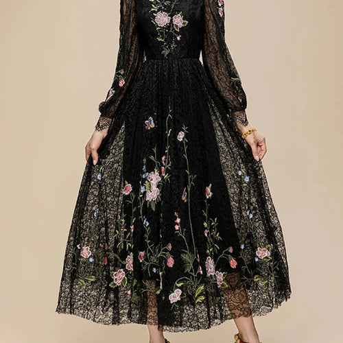 Load image into Gallery viewer, Floral Embroidery Slimming Dress For Women Round Neck Long Sleeve High Waist Temperament Lace A Line Dress Female Fashion
