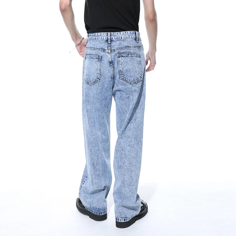 Men's Casual Jeans Retro Washed Straight Leg Korean Style Zipper Opening Mid Length Fashion Male Denim Pants C5699