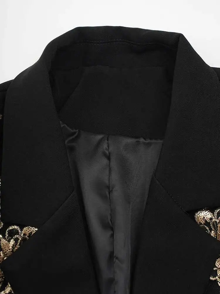Women Black Sequins Flower Big Size Elegant Blazer New Lapel Long Sleeve Jacket Fashion Tide Spring Autumn 2025 CPG2430