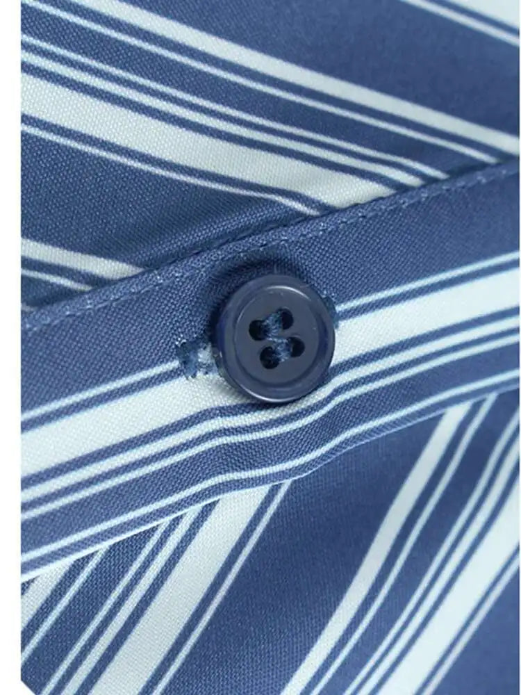 Women Blue Striped Spliced Pocket Big Size Casual Shirt Dress New Lapel Sleeve Fashion Tide Spring Summer 2025 1DH9810