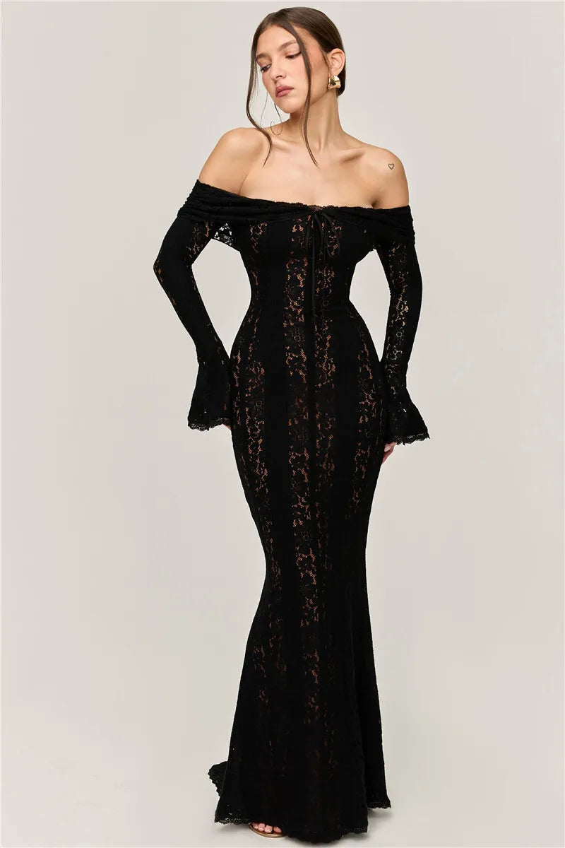 Lace Off-shoulder Sexy Maxi Dress Women Strapless Backless Long Sleeve Bodycon Evening Club Party Long Dress Elegant