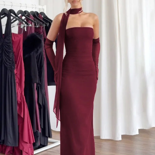 Load image into Gallery viewer, Strapless Backless Sexy Maxi Dress For Women Burgundy Mesh Sleeve Off-shoulder Bodycon Club Party Evening Long Dress

