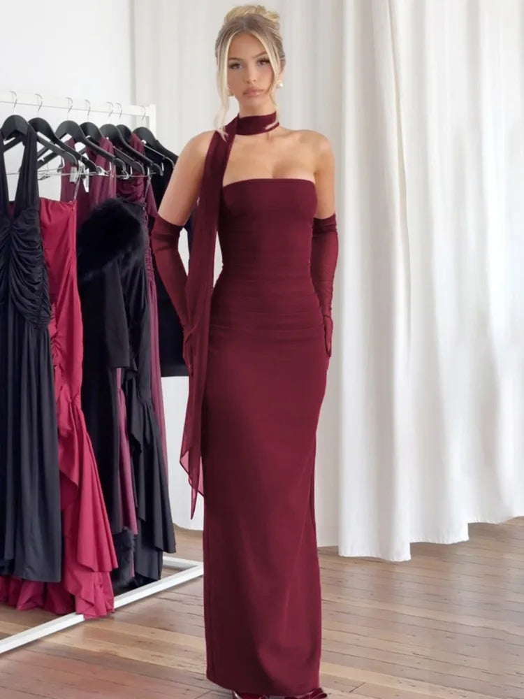 Strapless Backless Sexy Maxi Dress For Women Burgundy Mesh Sleeve Off-shoulder Bodycon Club Party Evening Long Dress