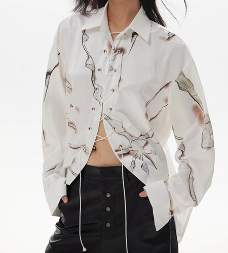 Printing Elegant Shirt For Women Lapel Long Sleeve Patchwork Drawstring Temperament Blouse Female Fashion Clothing