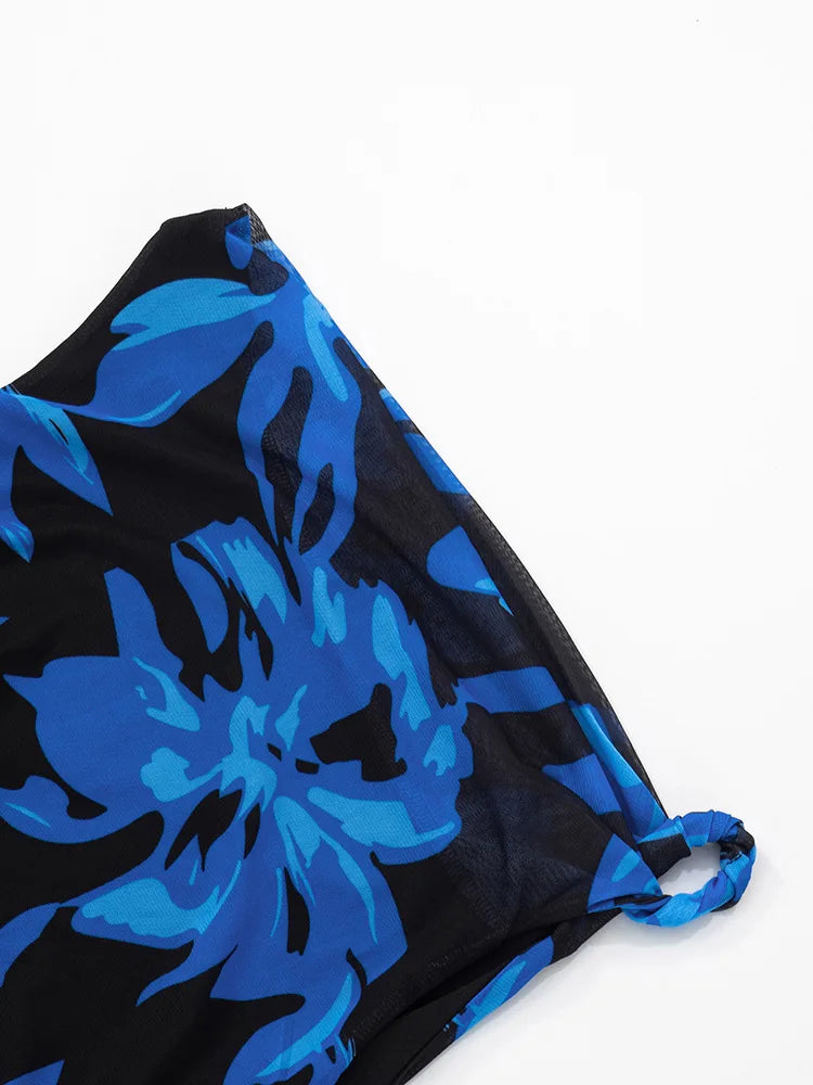 Blue Print Ruffled Sexy Mini Dress For Women Robe Irregular Oblique Shoulder Sleeveless Backless Club Party Dress Beach