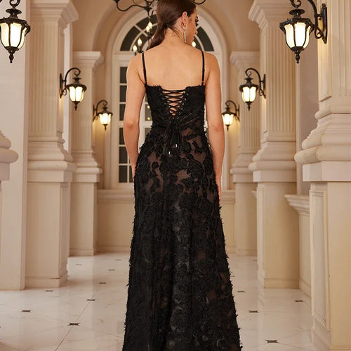 Load image into Gallery viewer, Black Spaghetti Strap Christmas Dress Sexy See Through Elegant and Beautiful Women Dress Appliques Maxi Formal Dress
