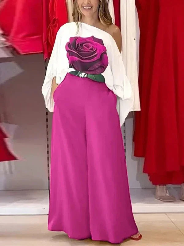 Summer Women 2 Piece Set Outfit Pants Rose Flower Print Blouse Tops Loose Wide Leg Trousers Clothes for Women