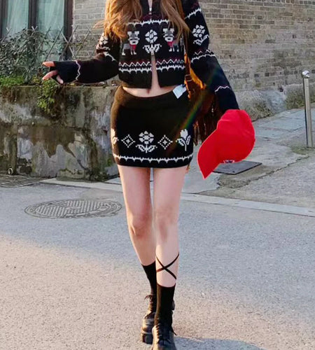 Slimming Knit Two Piece Sets for Women O Neck Long Sleeves Spliced Zipper Sweater High Waist Mini Skirt Set Female