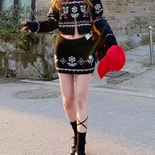 Load image into Gallery viewer, Slimming Knit Two Piece Sets for Women O Neck Long Sleeves Spliced Zipper Sweater High Waist Mini Skirt Set Female
