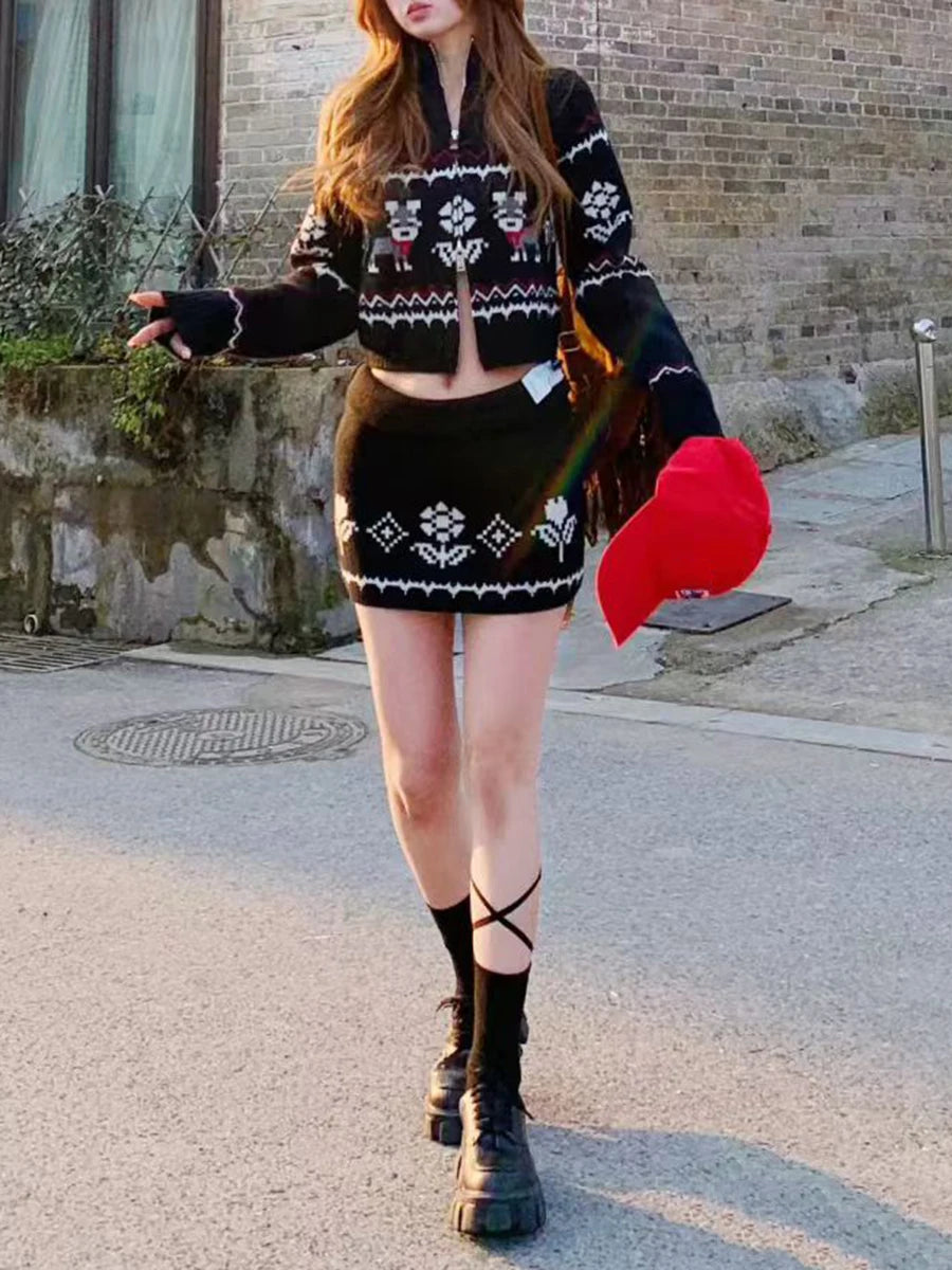 Slimming Knit Two Piece Sets for Women O Neck Long Sleeves Spliced Zipper Sweater High Waist Mini Skirt Set Female