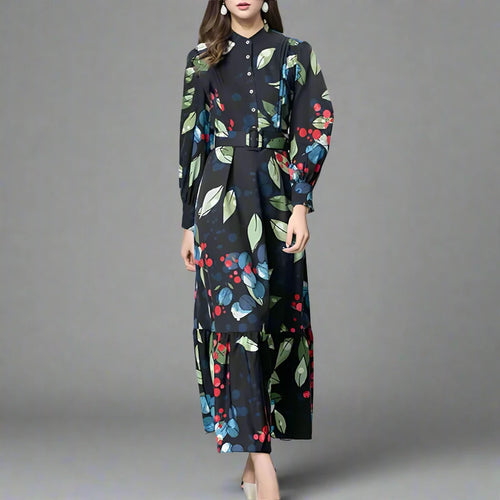 Load image into Gallery viewer, Elegant Printing A Line Dresses For Women Stand Collar Long Sleeve High Waist Spliced Single Breasted Slimming Derss Female
