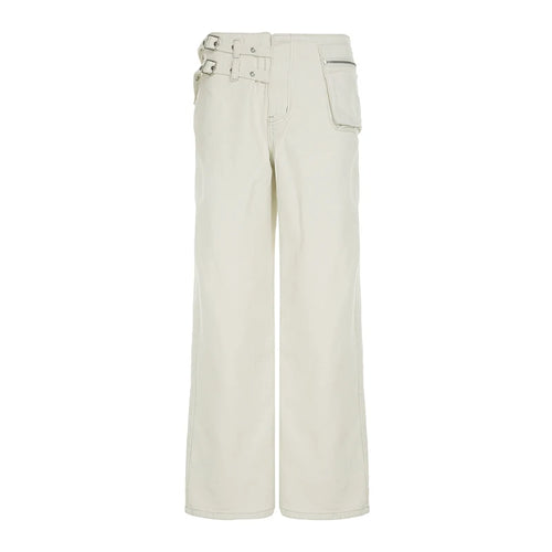 Load image into Gallery viewer, White Chic Waist Fake Belt Design Cargo Jeans Women's Streetwear Straight Leg Loose Denim Trousers Button-Fly Bottoms
