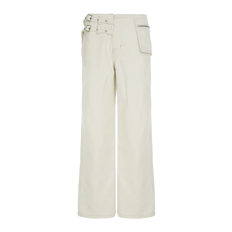 White Chic Waist Fake Belt Design Cargo Jeans Women's Streetwear Straight Leg Loose Denim Trousers Button-Fly Bottoms