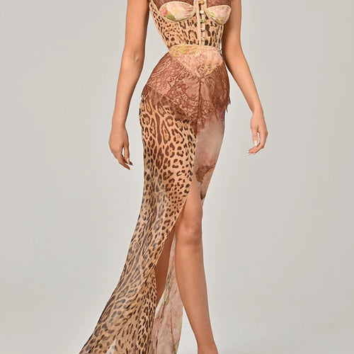 Load image into Gallery viewer, Leopard Print Lace Split Sexy Maxi Dress Women Gown Elegant Patchwork Chiffon Sleeveless Backless Beach Evening Dress
