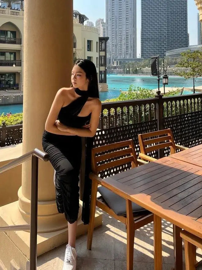 Women's Elegant Sleeveless Mesh Dress, Double Layer Bodycon, Pleated, Long, Tight, Party, Club, Evening