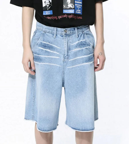 Men Denim Shorts Vintage Washed Gradient Color Loose Male Straight Jeans Knee-length Men's Wear Summer Fashion 9C4735