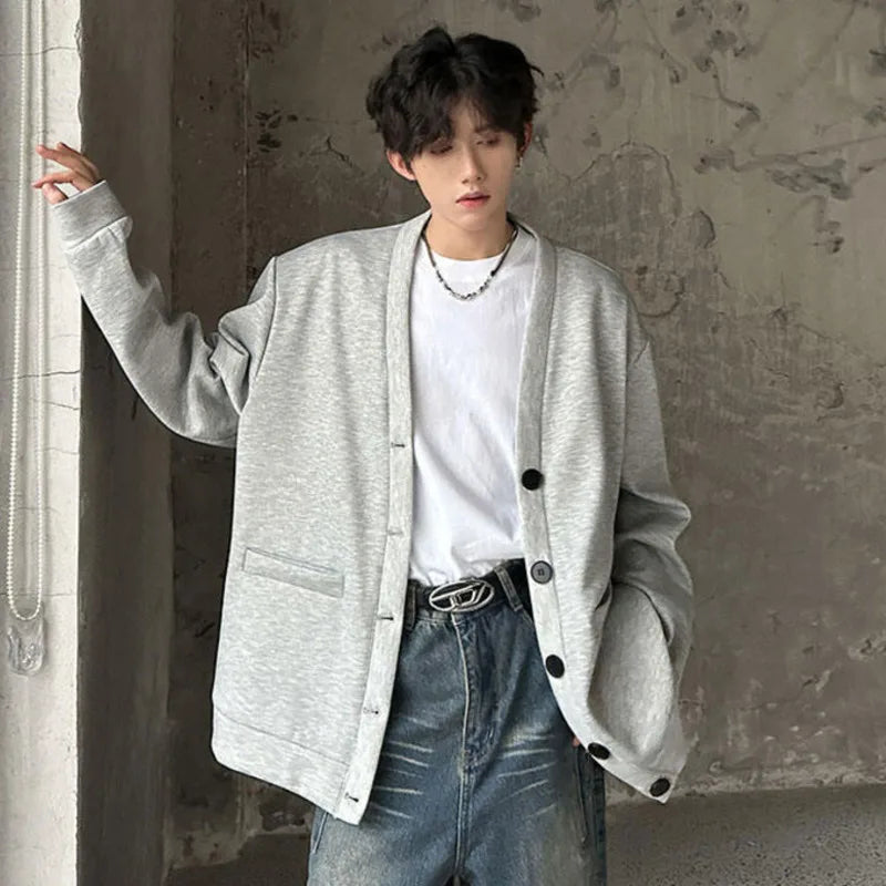 V-neck Men's Warm Top Single-breasted Pockets Solid Color Long Sleeve Korean Style Male Casual Jacket 2024 Autumn 9C9027
