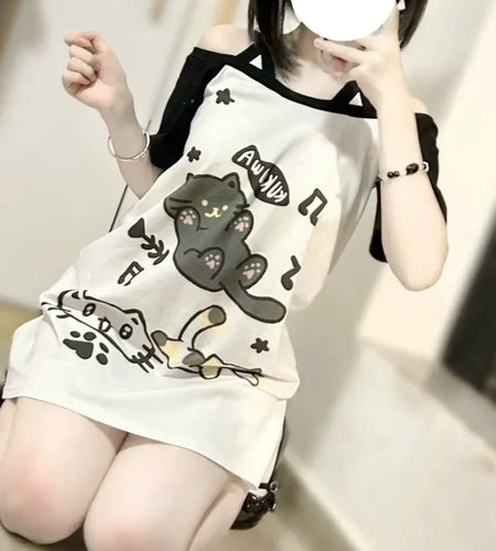 Japanese Women Off Shoulder Graphic T Shirts Y2k Kawaii Cute Cartoon Print T-shirt Top Summer Aesthetic Grunge Fairy Tees