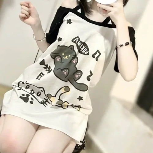 Load image into Gallery viewer, Japanese Women Off Shoulder Graphic T Shirts Y2k Kawaii Cute Cartoon Print T-shirt Top Summer Aesthetic Grunge Fairy Tees
