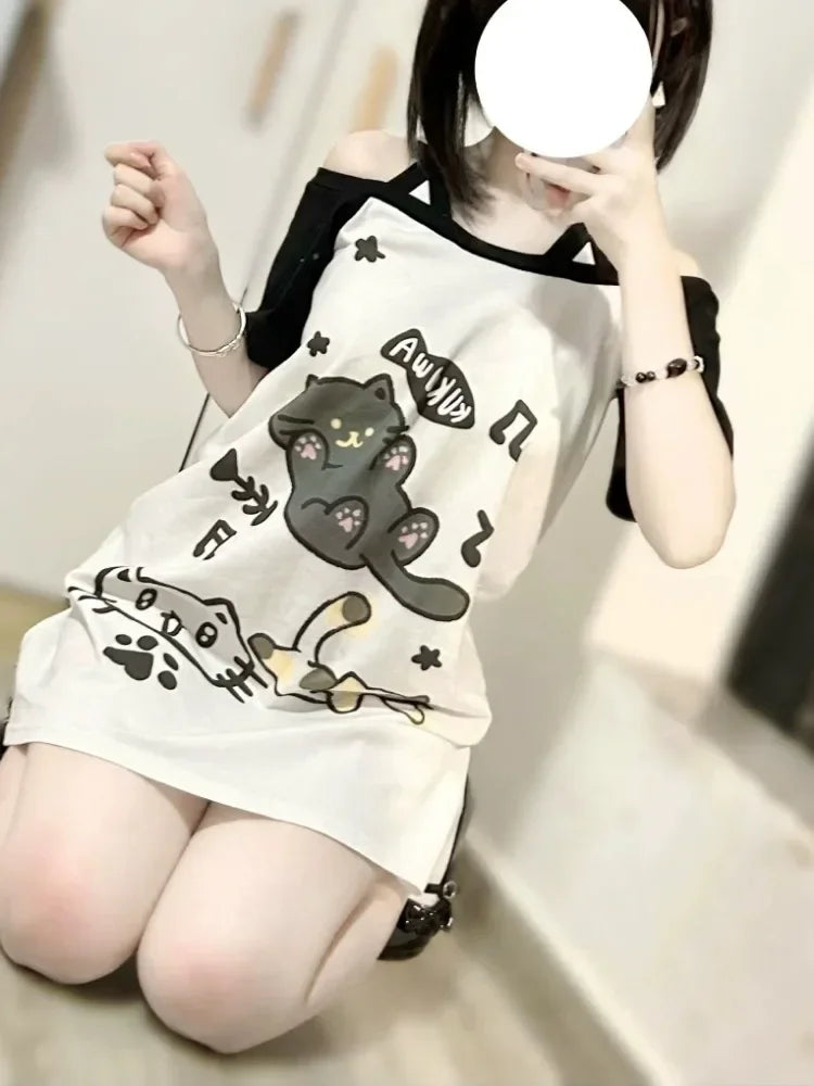 Japanese Women Off Shoulder Graphic T Shirts Y2k Kawaii Cute Cartoon Print T-shirt Top Summer Aesthetic Grunge Fairy Tees