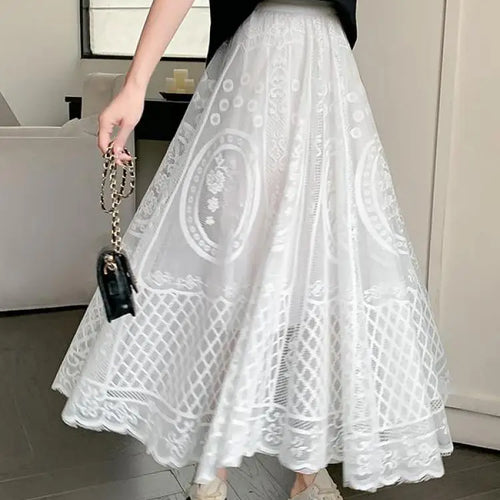Load image into Gallery viewer, Spring Summer French Fashion Vintage Black White Lace Slim Holiday Long Skirt Women Beige High Waist Elegant Party Pleated Skirt
